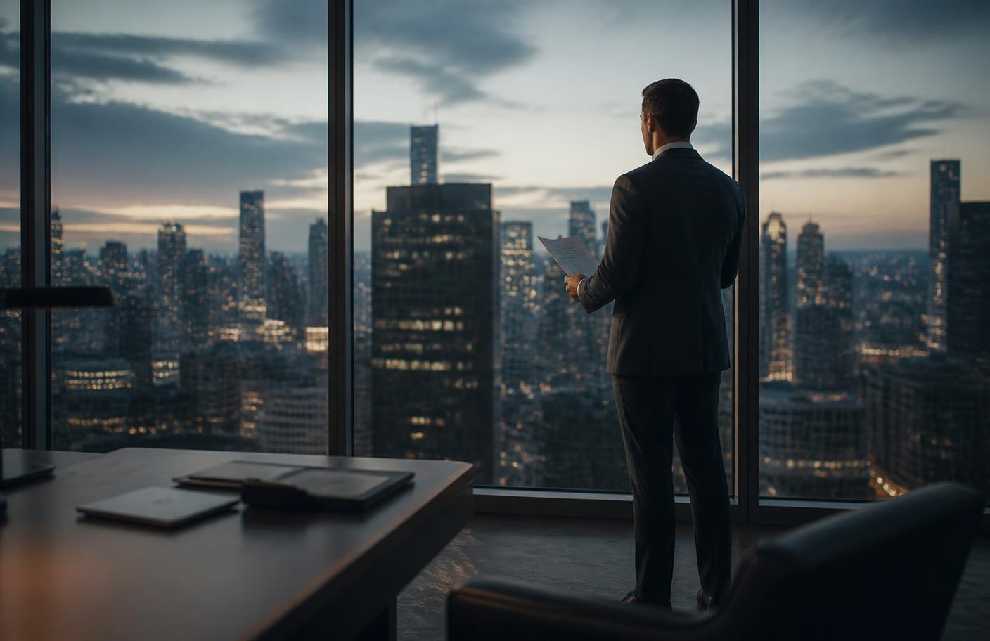 A financial advisor reviewing documents alone at the windows of a premium high-rise office overlooking a city skyline at dusk