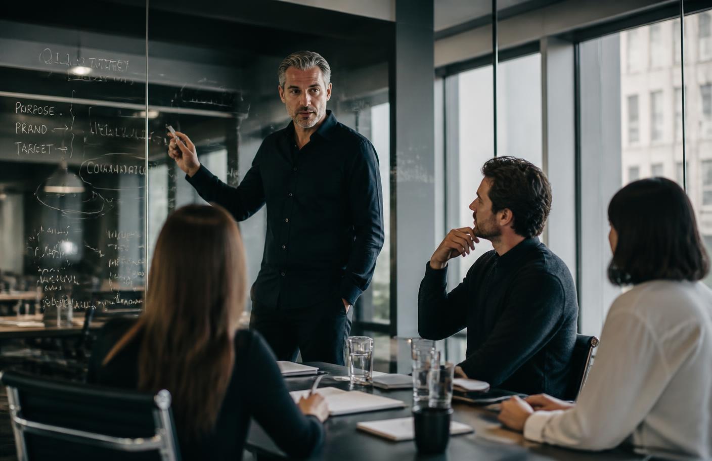An agency founder leading a strategy session in front of a glass writing board with a small executive team
