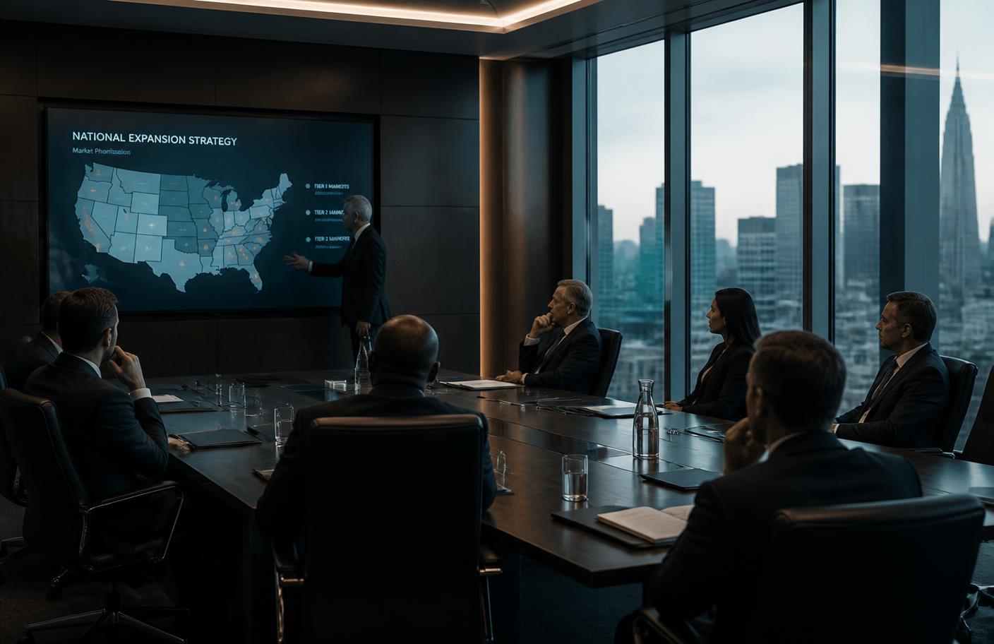 Senior executives in a large boardroom reviewing a national expansion strategy presentation