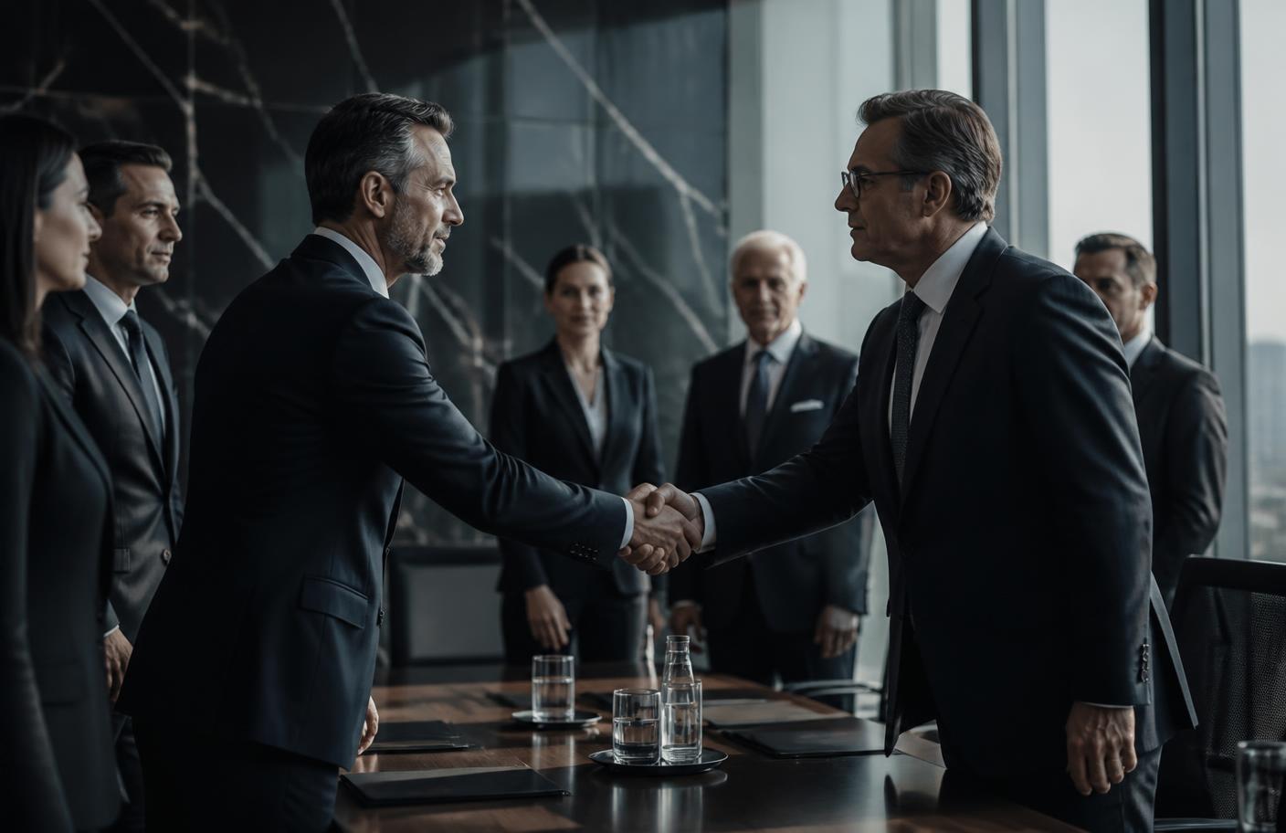 Two executive teams meeting in a boardroom as senior leaders shake hands