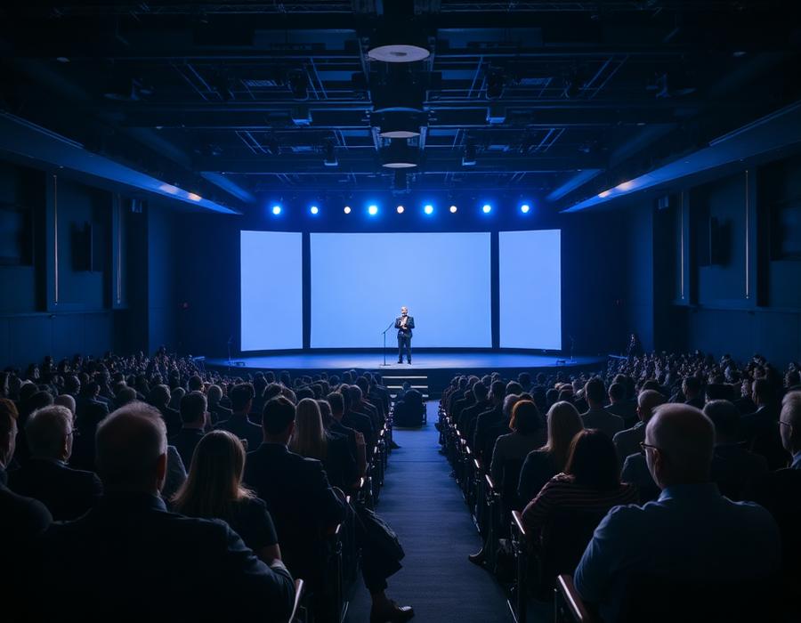 Executive presenting on stage at a leadership conference