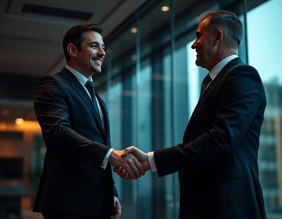 Two executives shaking hands in a modern glass office