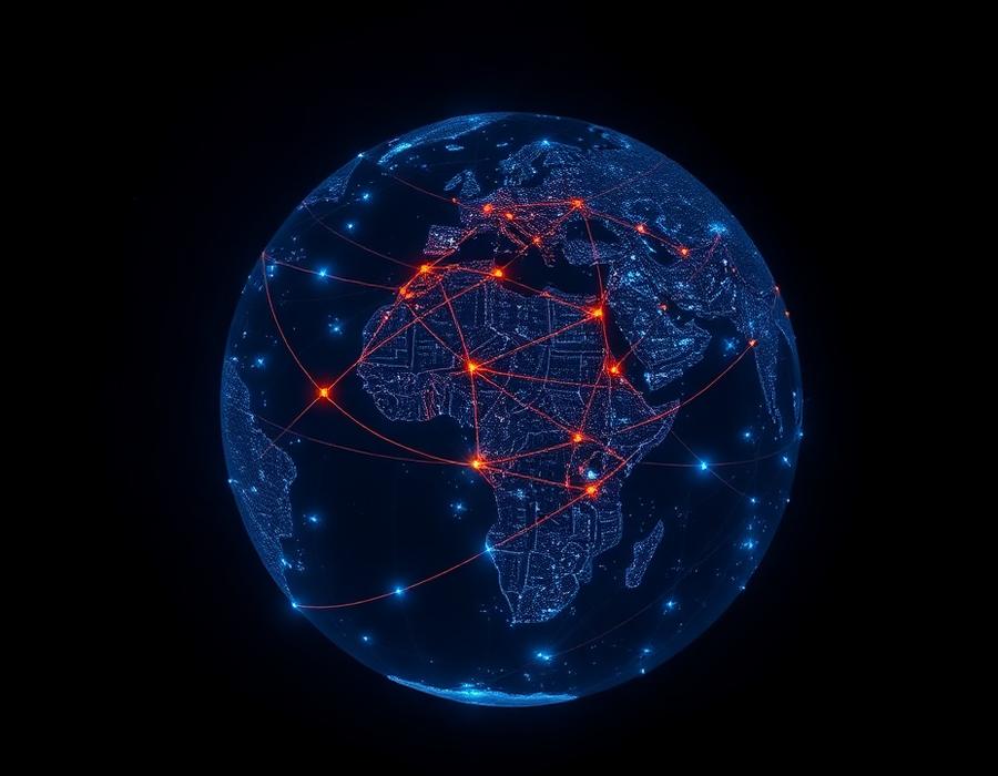 Illuminated global network map showing connected regional distribution nodes