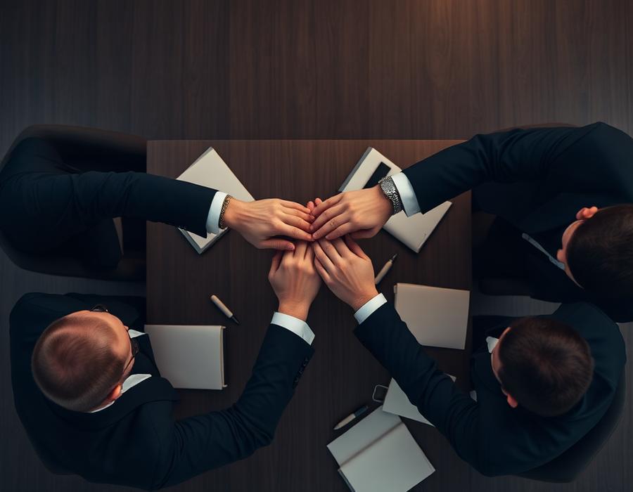 Leadership team joining hands over a conference table
