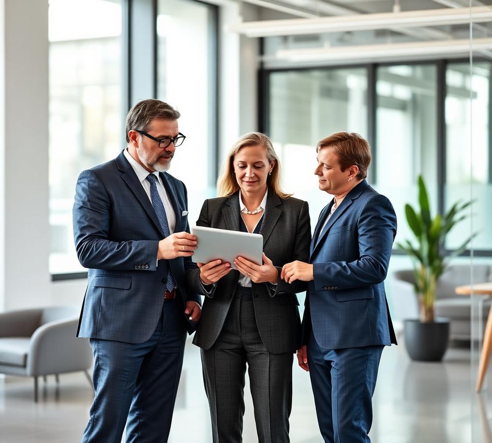 Three senior executives reviewing enterprise distribution strategy on a tablet in a modern office
