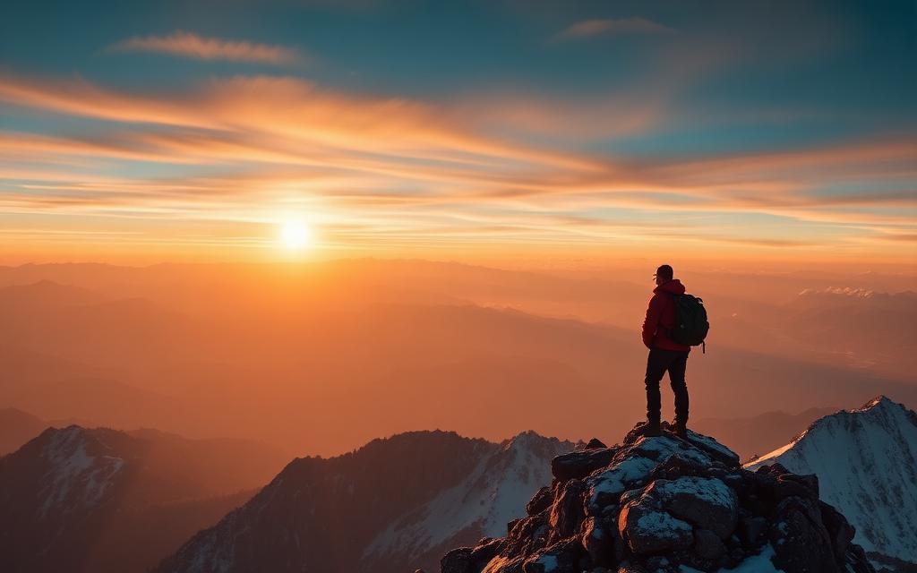 Hiker standing on a mountain summit at sunrise