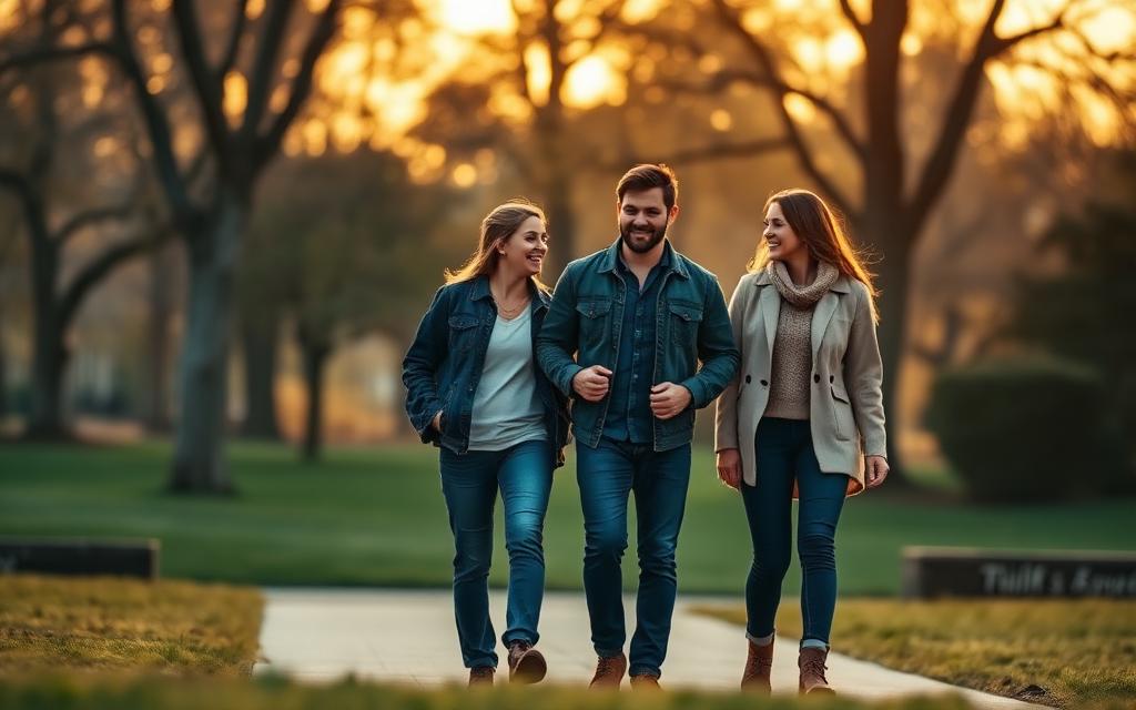 Young family walking together at golden hour