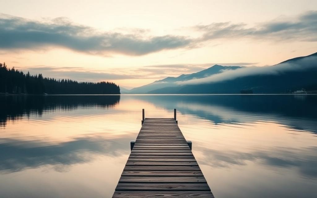 Calm lake at dawn with a wooden dock