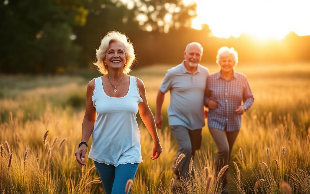 Active couple walking outdoors in a sunlit meadow