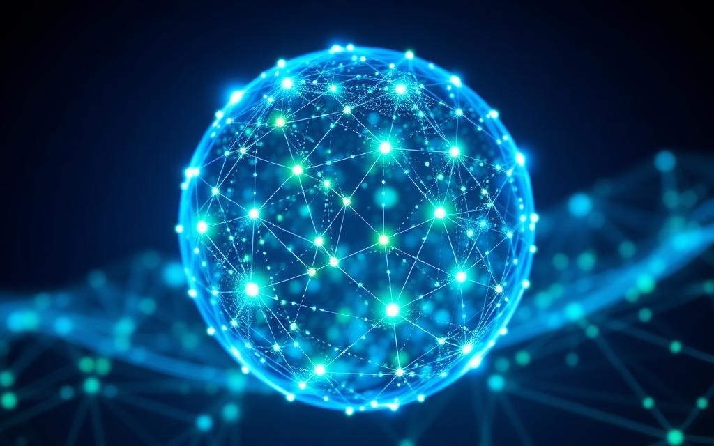 Glowing blue and green digital network globe