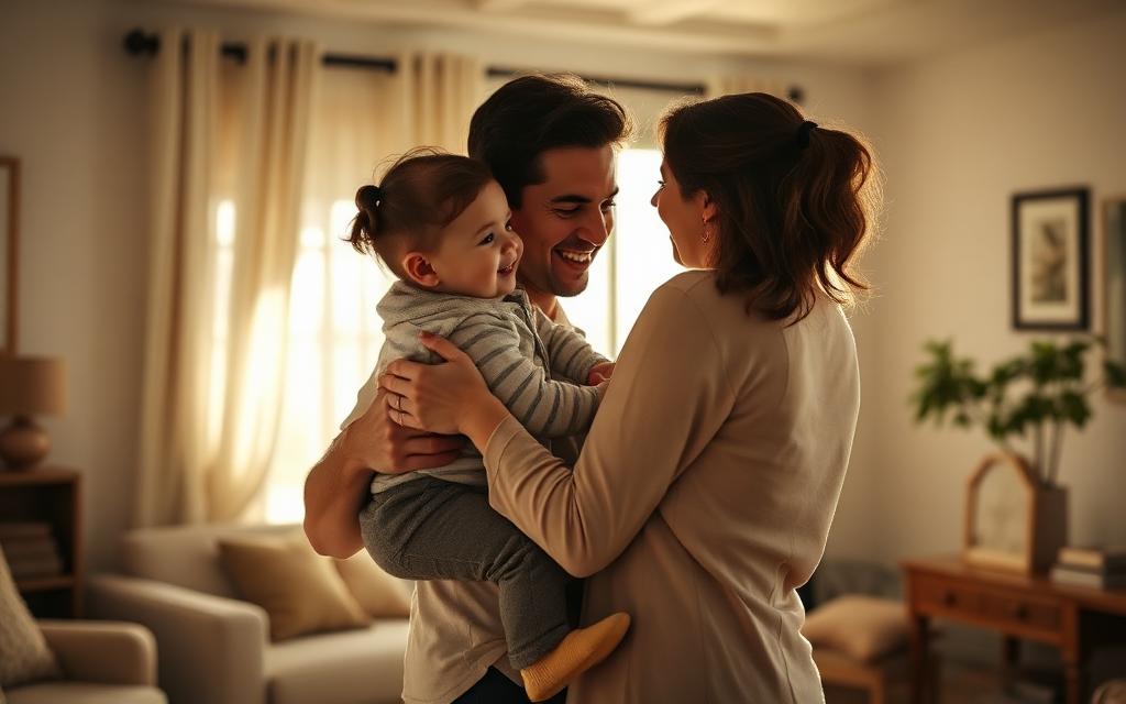 Parents embracing their children in a sunlit home