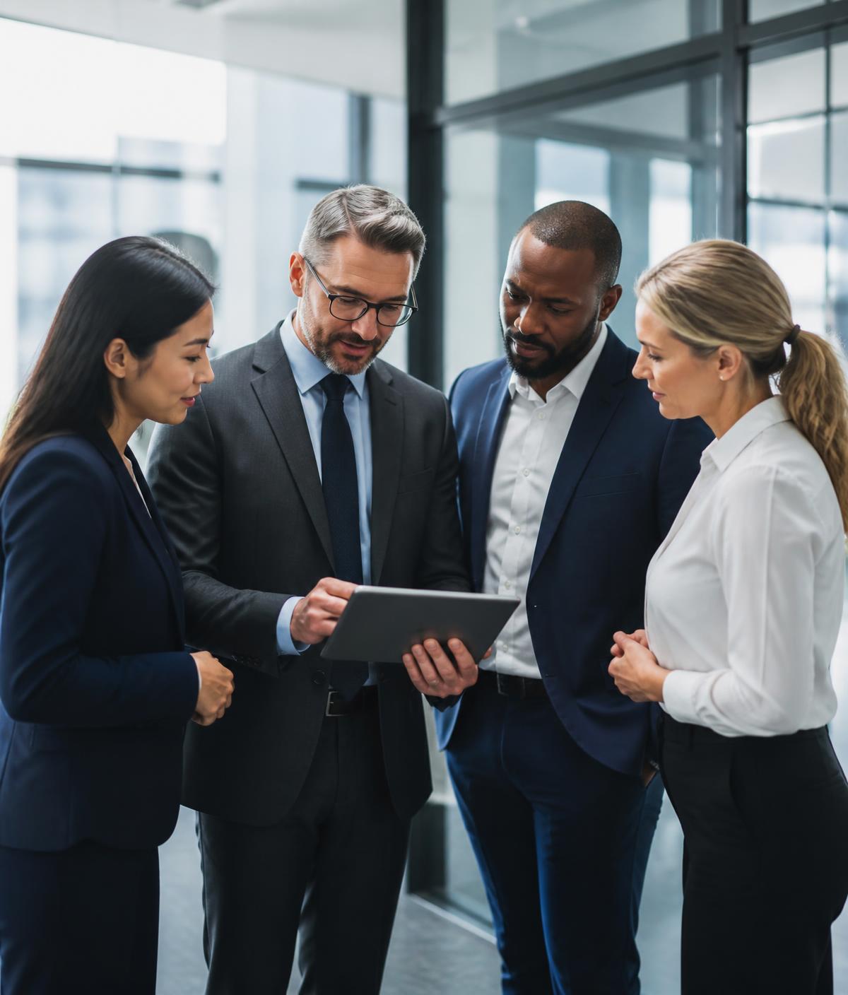 Diverse team of executive professionals reviewing a partnership strategy on a tablet in a modern office