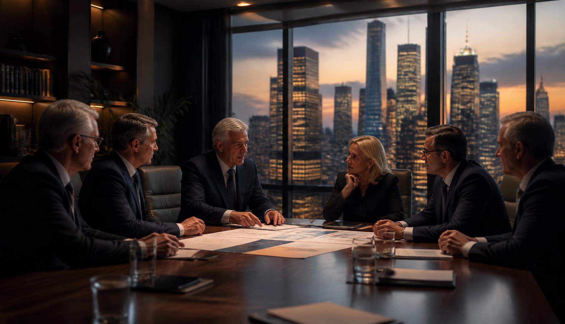 Senior Nexus executives reviewing long-term growth strategy in a boardroom overlooking a financial district skyline at dusk